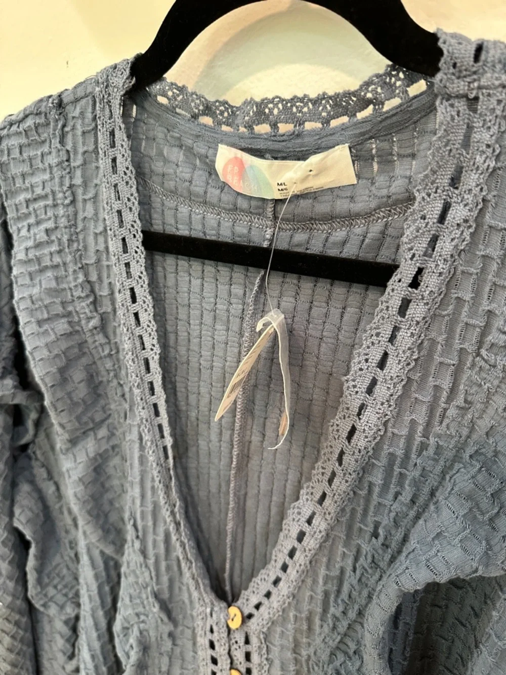 Free People Beach Blue Textured Ruffle Button-Front Top - Picture 10 of 11